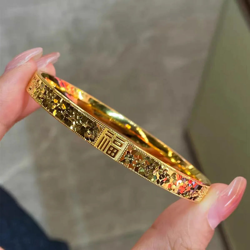 Pulseira Feminina em Ouro 24K AU999 com Detalhes Ice-Crack, Luxo Oriental e Artesanato Exclusivo