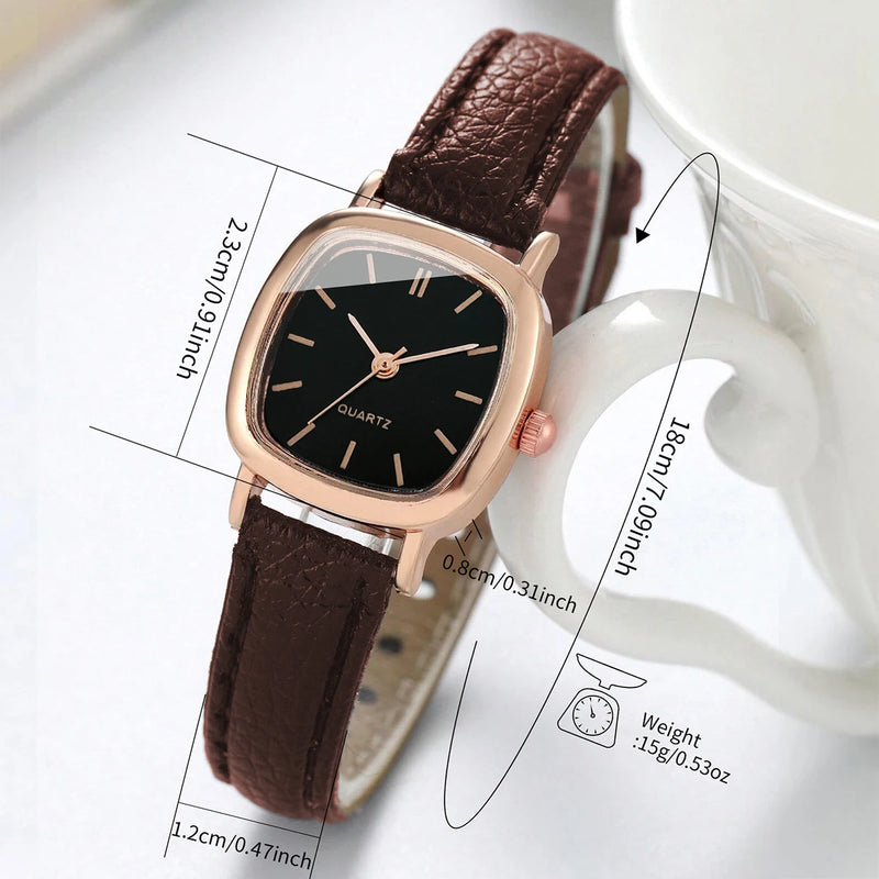 Conjunto Feminino Relógio de Quartzo Quadrado + Pulseira de Coração, Estilo Casual Chic em Couro