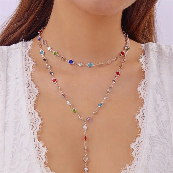 Colar Longo em Forma de Y com Cristais, Estilo Boêmio Sofisticado para Férias e Festas de Verão