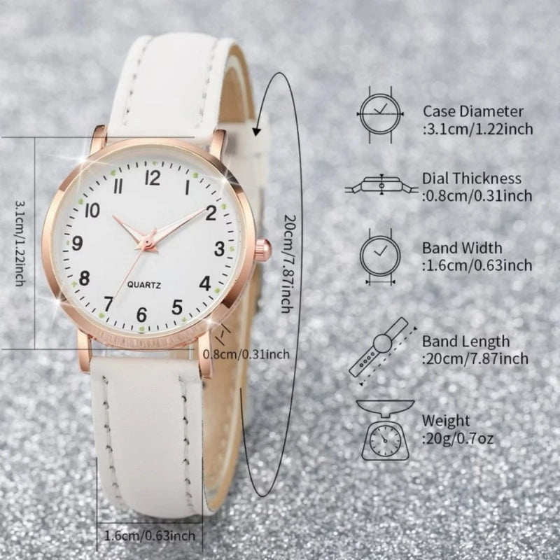 Kit Feminino com Relógio de Quartzo 31mm + Pulseira, Mostrador Redondo e Pulseira de Couro, Visual Casual Elegante para Todo Dia