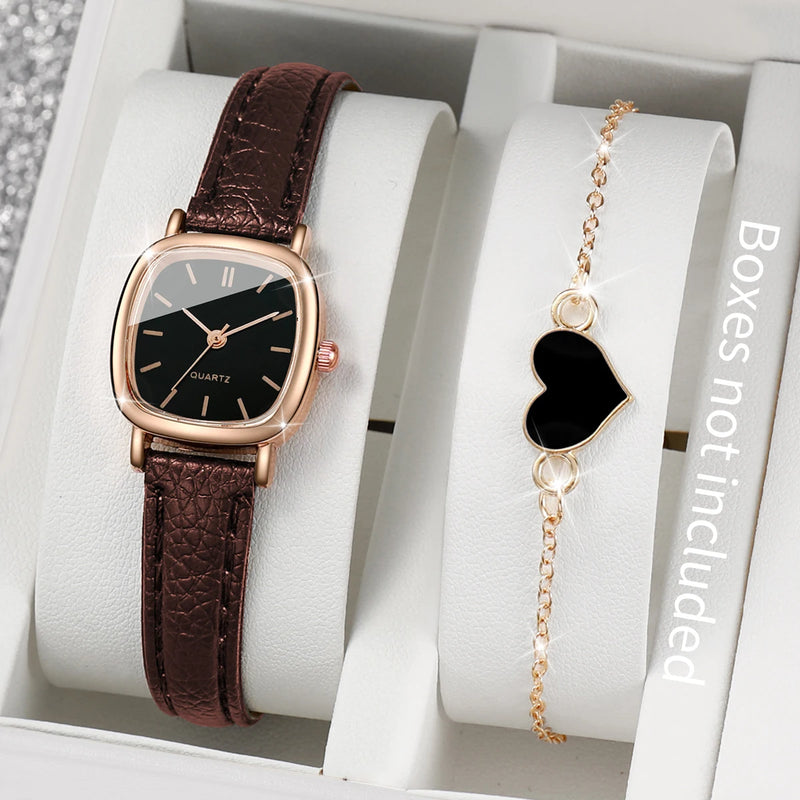 Conjunto Feminino Relógio de Quartzo Quadrado + Pulseira de Coração, Estilo Casual Chic em Couro