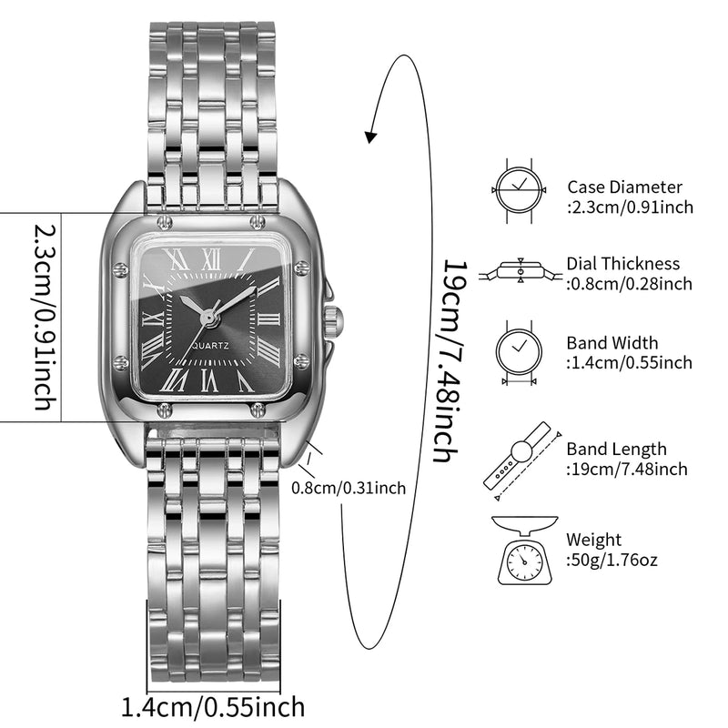 Relógio Feminino Quadrado de Quartzo 23mm, Mostrador Romano, Pulseira Metálica Dourada Casual e Fashion