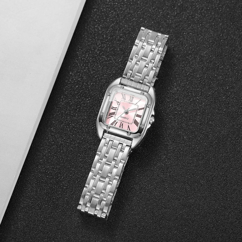 Relógio Feminino Quadrado de Quartzo 23mm, Mostrador Romano, Pulseira Metálica Dourada Casual e Fashion