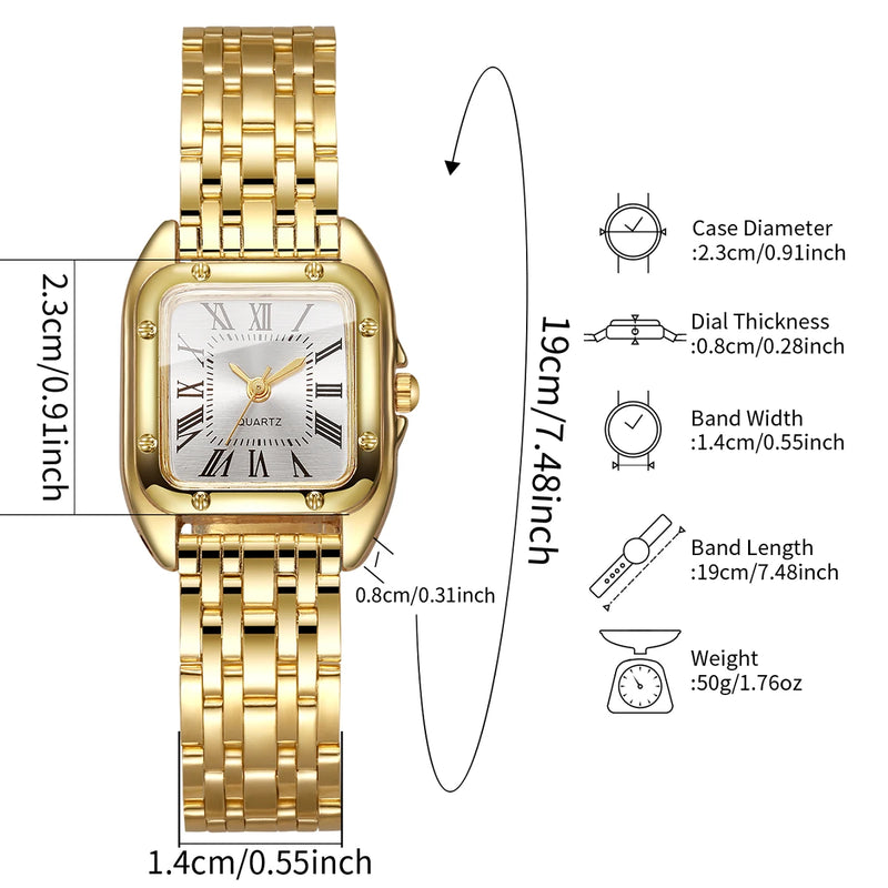 Relógio Feminino Quadrado de Quartzo 23mm, Mostrador Romano, Pulseira Metálica Dourada Casual e Fashion