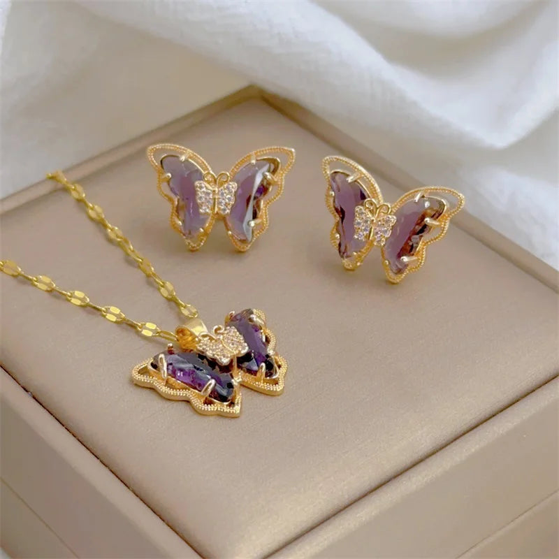 Conjunto Feminino de Colar e Brincos Borboleta, Luxo Europeu em Aço Inoxidável Micro-Incrustado