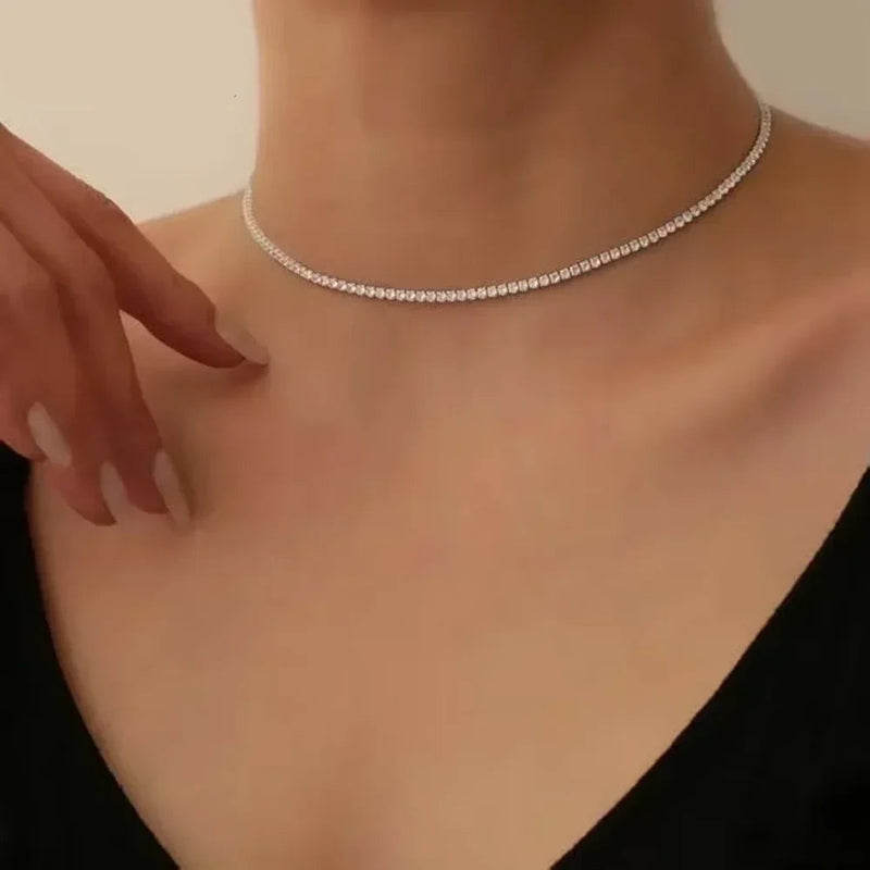 Colar Gargantilha de Tênis Moissanite 2mm em Prata 925, Brilho Intenso e Luxo Atemporal