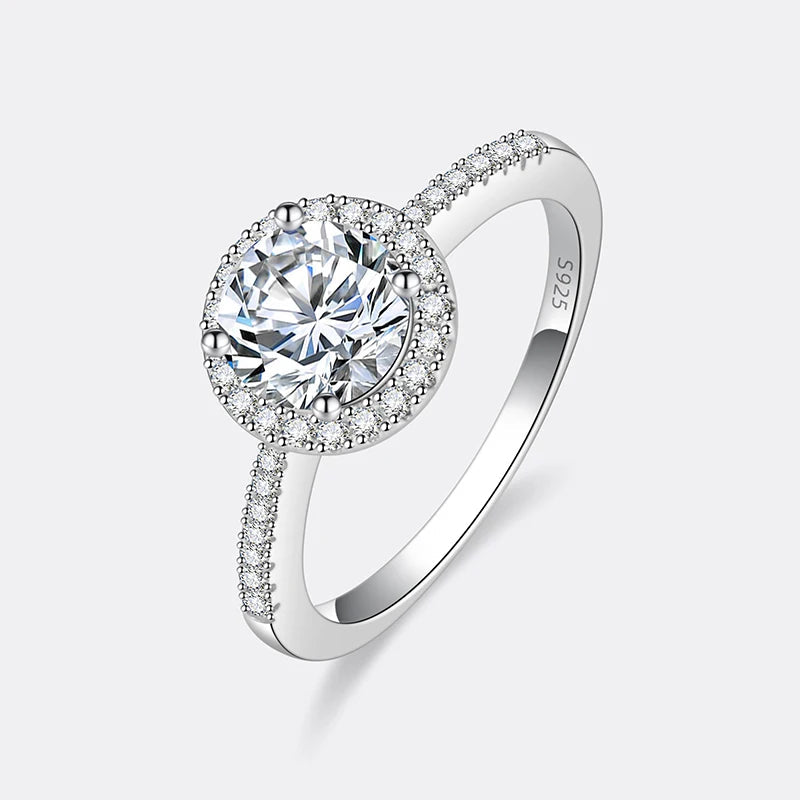 Anel Feminino em Prata 925 com Moissanite Redondo de 0.5 a 2CT, Banhado a Ouro Branco 18K
