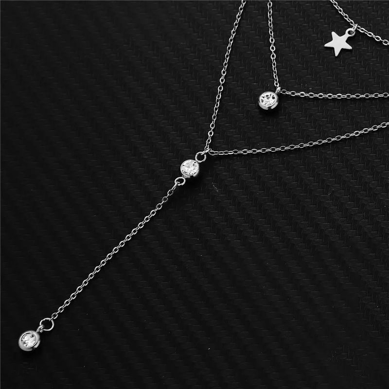 Colar Feminino em Aço Inoxidável com Pingente de Cristal em Forma de Y, Estilo Brilhante e Romântico