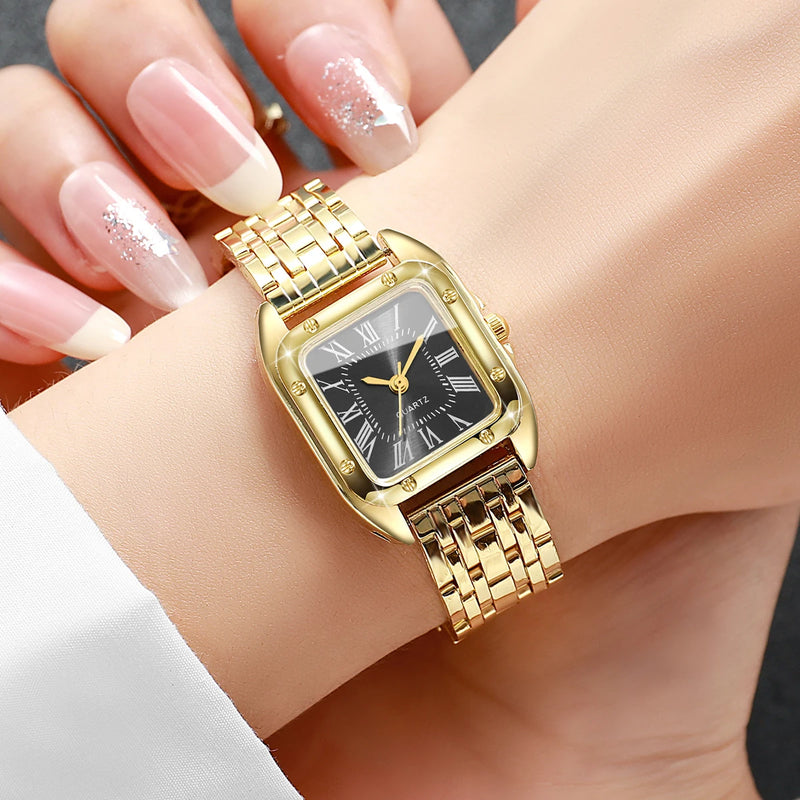 Relógio Feminino Quadrado de Quartzo 23mm, Mostrador Romano, Pulseira Metálica Dourada Casual e Fashion