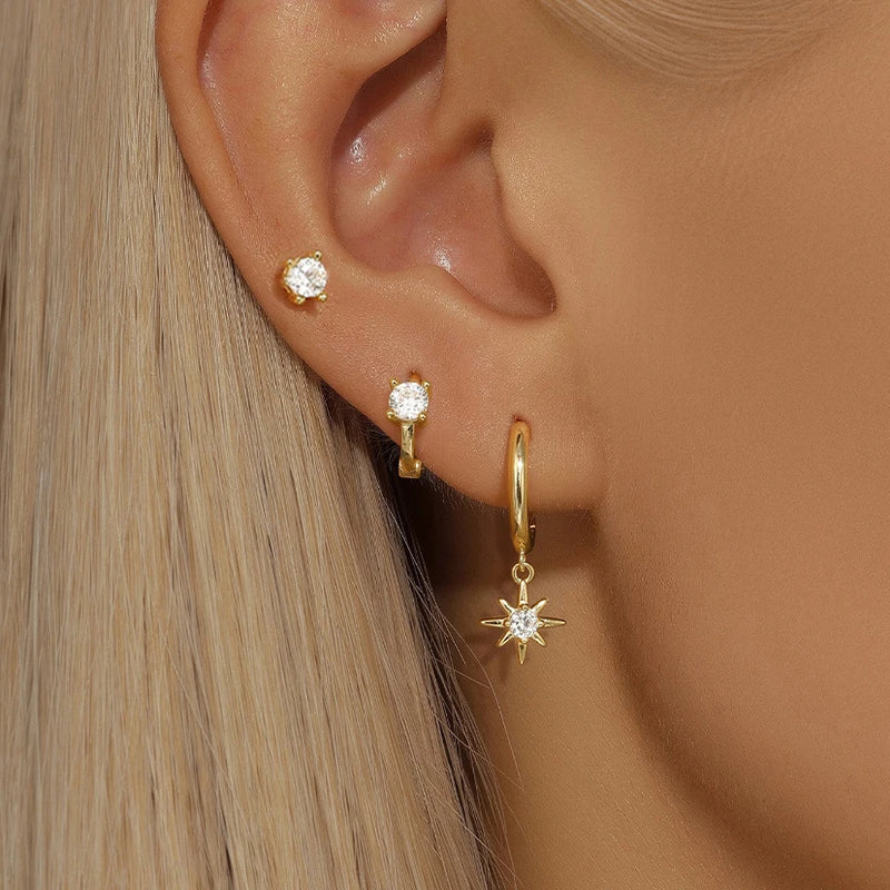Conjunto com 3 Pares de Brincos Estrela em Aço Inoxidável Banhados a Ouro 18K, Estilo Punk e Moderno