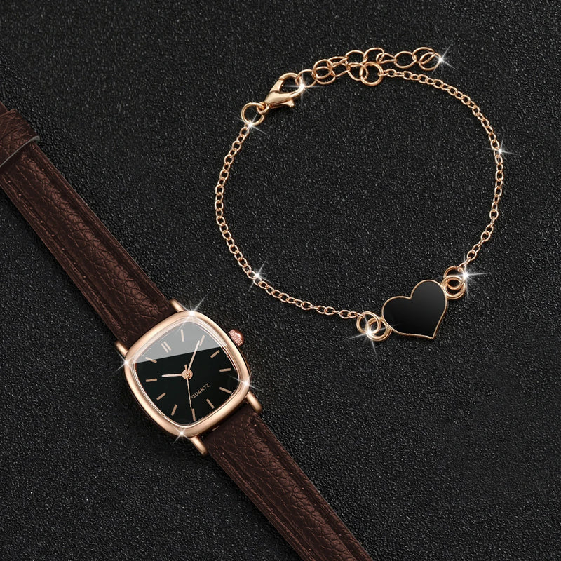 Conjunto Feminino Relógio de Quartzo Quadrado + Pulseira de Coração, Estilo Casual Chic em Couro
