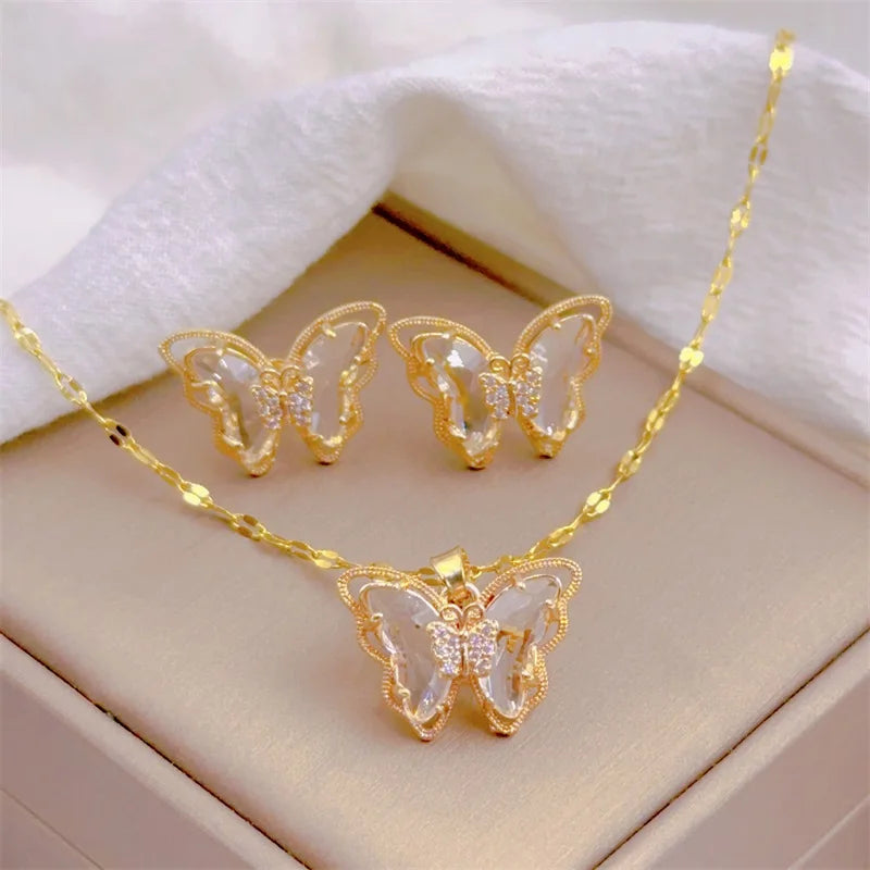 Conjunto Feminino de Colar e Brincos Borboleta, Luxo Europeu em Aço Inoxidável Micro-Incrustado