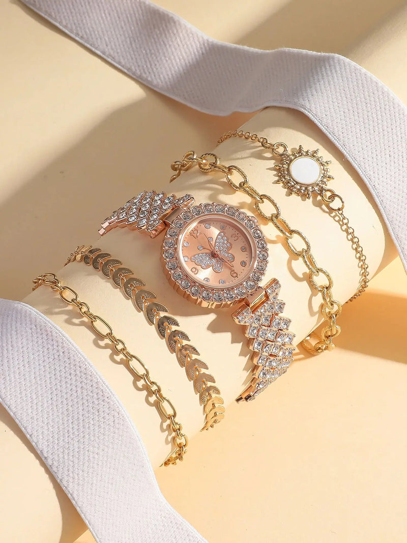 Conjunto feminino 5 peças com relógio de quartzo estilo borboleta e pulseiras elegantes, presente perfeito para meninas e aniversários