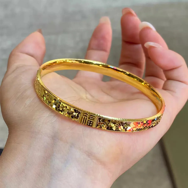 Pulseira Feminina em Ouro 24K AU999 com Detalhes Ice-Crack, Luxo Oriental e Artesanato Exclusivo
