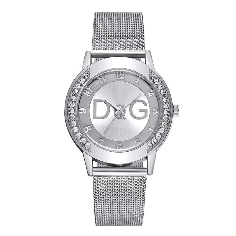 Relógio Feminino de Luxo 36mm, Pulseira Malha em Aço Inox Dourado, Mostrador Minimalista com Brilhos