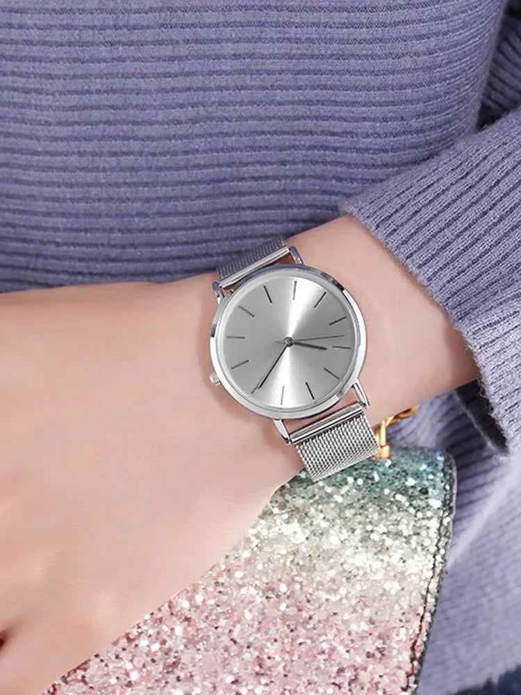 Relógio Feminino Analógico em Metal com Pulseira de Malha, Mostrador Redondo Slim 40mm Elegante para o Dia a Dia
