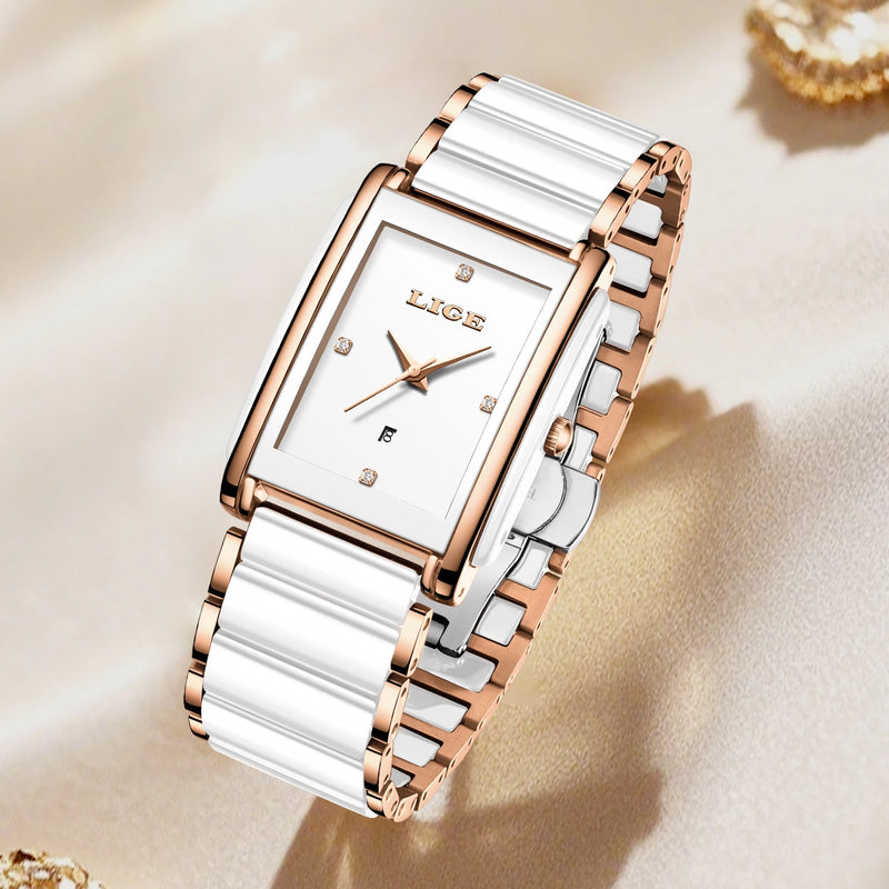 Relógio Feminino LIGE Quadrado de Quartzo em Cerâmica, 34mm, Funções de Data Automática e Resistência à Água 3ATM