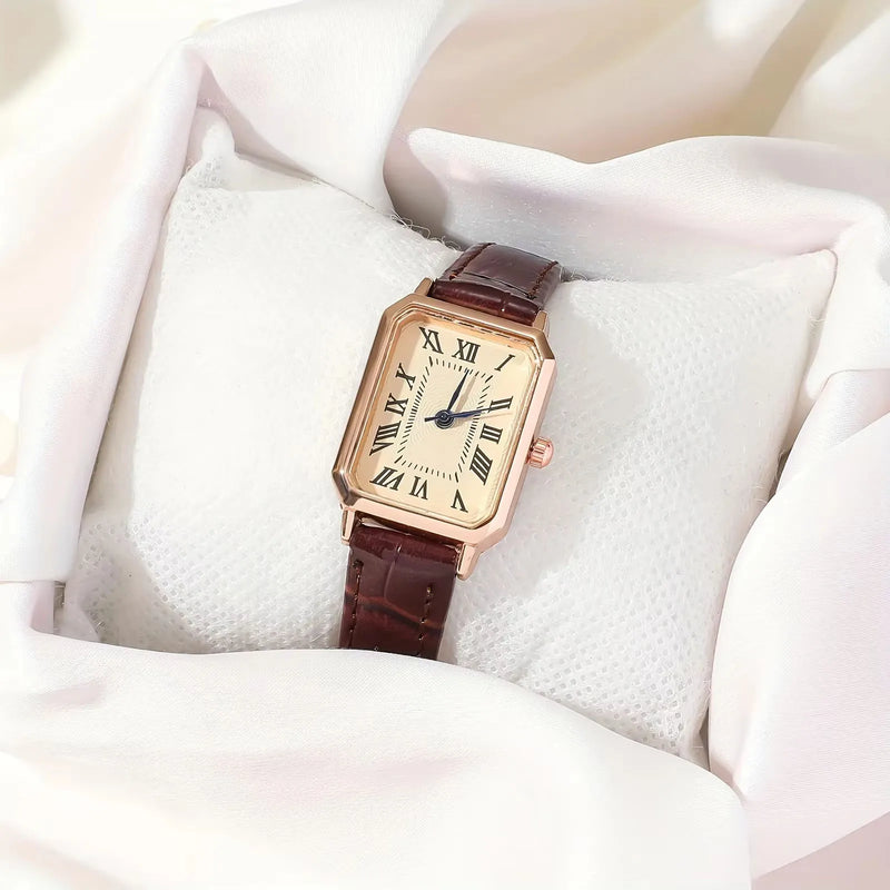 Relógio Feminino Retangular com Pulseira de Couro, Mostrador Romano e Visual Retrô para o Dia a Dia