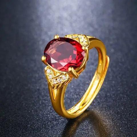 Anel Feminino em Ouro 24K AU999 com Cristal Vermelho Natural, Joia Ajustável de Luxo Atemporal