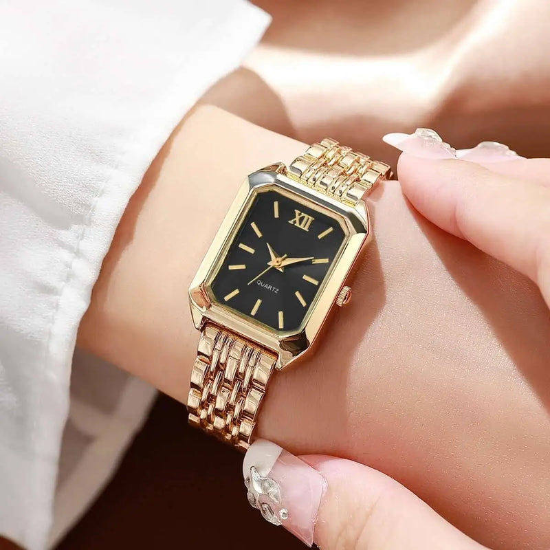 Relógio Feminino Retangular de Quartzo em Metal Dourado, Design Slim e Sofisticado para Looks Fashion e Casuais