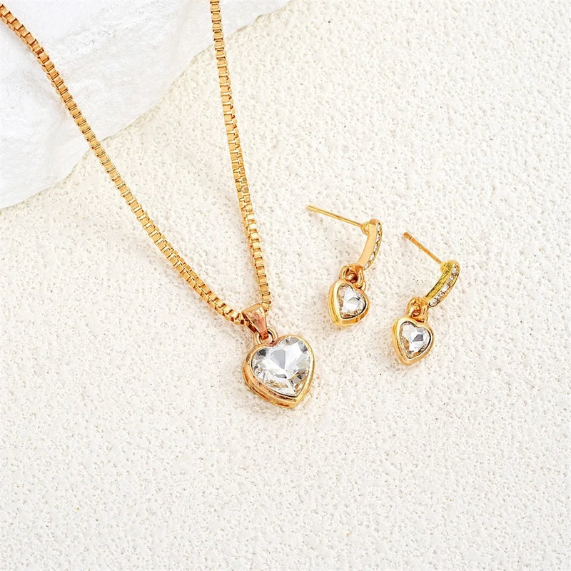 Kit de Joias 3 Peças Coração Duplo com Colar e Brincos de Cristal, Presente Feminino Sofisticado