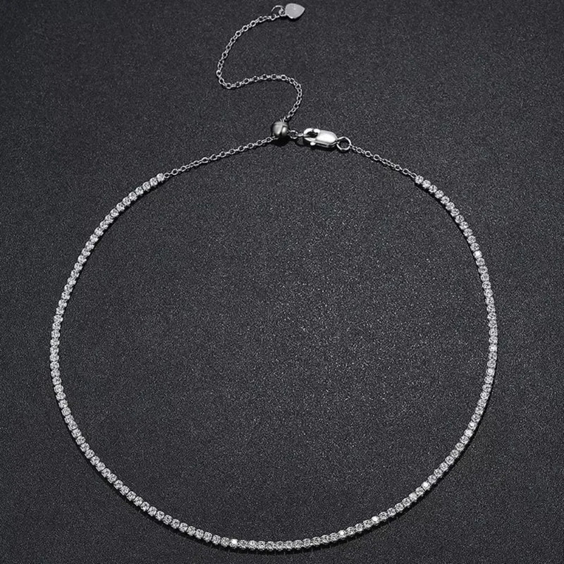 Colar Gargantilha de Tênis Moissanite 2mm em Prata 925, Brilho Intenso e Luxo Atemporal