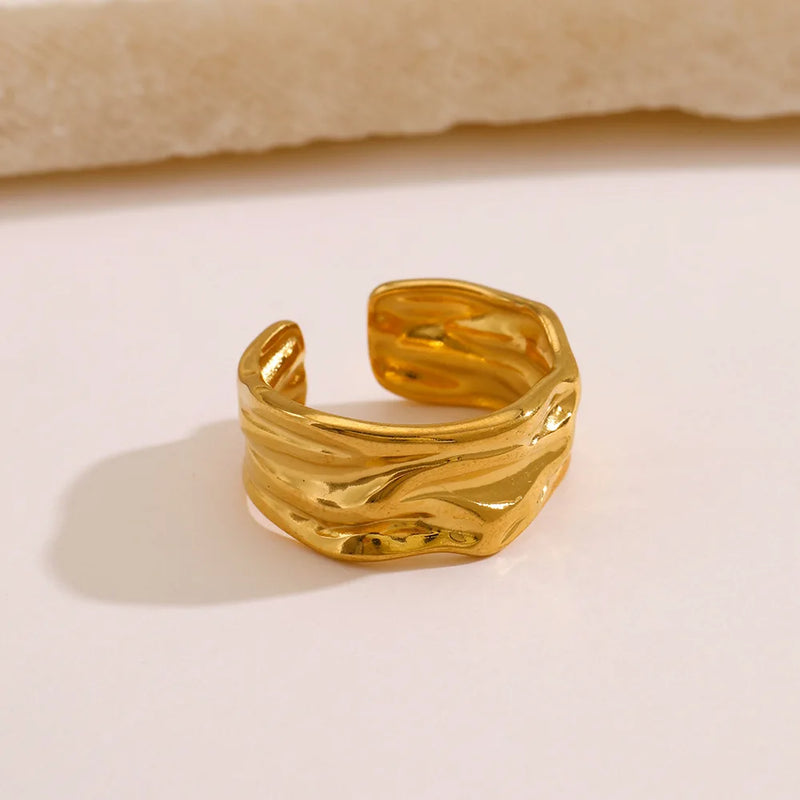 Anel Feminino Aberto Geométrico em Aço Inoxidável Dourado, Design Irregular Moderno e Estilo Minimalista
