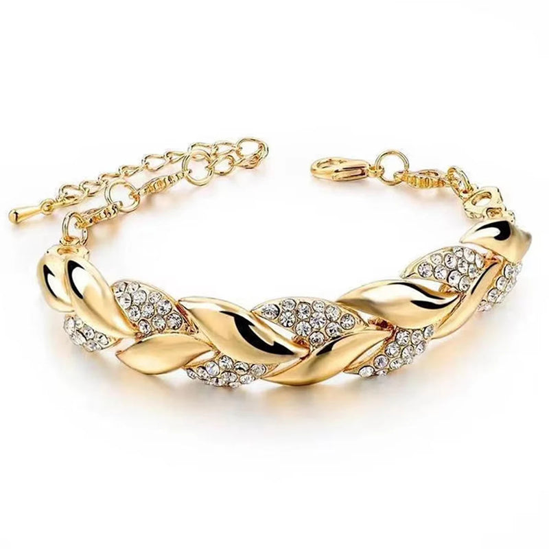 Pulseira Feminina com Folha Dourada, Corrente Ajustável e Cristais Brilhantes, Estilo Clássico e Elegante
