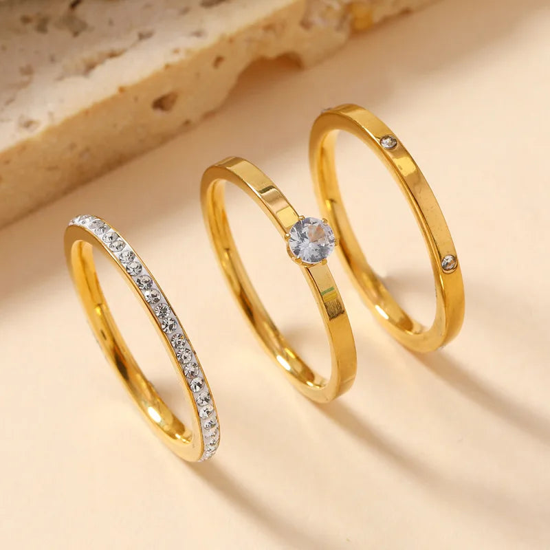 Conjunto Feminino com 3 Anéis em Aço Inoxidável Banhado a Ouro 18K, Clássicos com Zircônia para Estilo Moderno