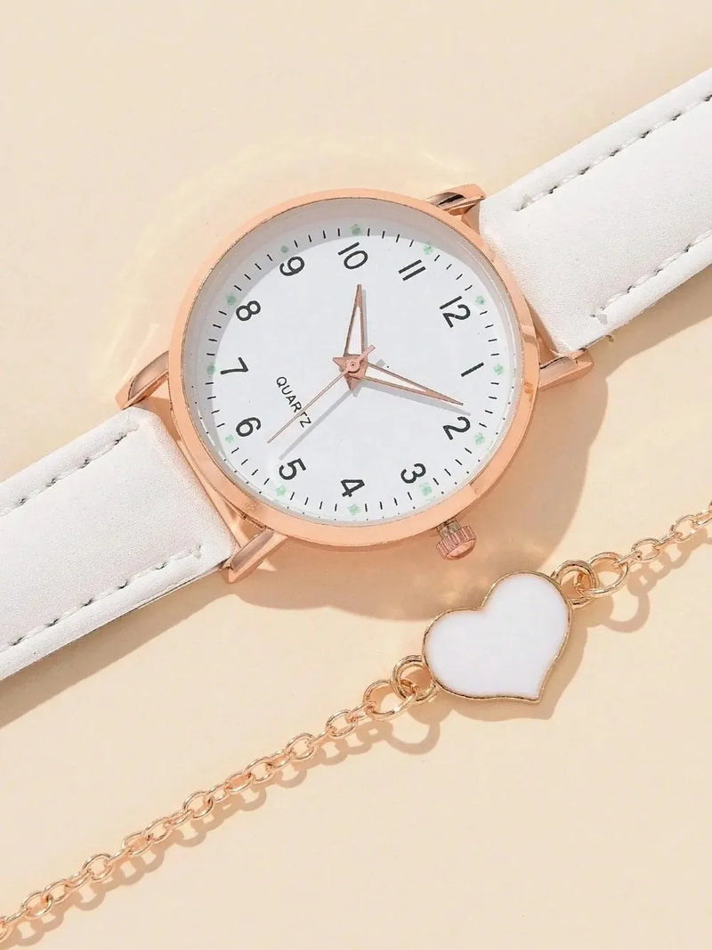 Kit Feminino com Relógio de Quartzo 31mm + Pulseira, Mostrador Redondo e Pulseira de Couro, Visual Casual Elegante para Todo Dia