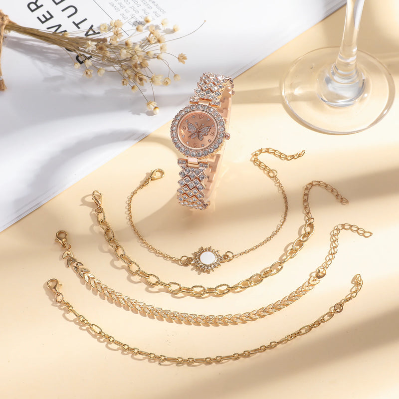 Conjunto feminino 5 peças com relógio de quartzo estilo borboleta e pulseiras elegantes, presente perfeito para meninas e aniversários