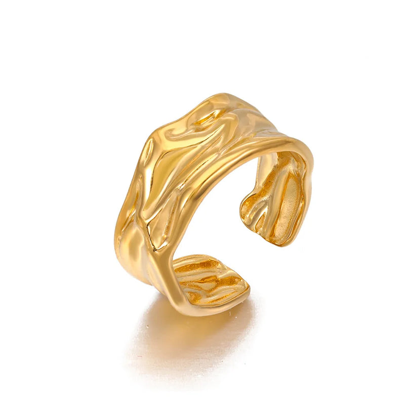 Anel Feminino Aberto Geométrico em Aço Inoxidável Dourado, Design Irregular Moderno e Estilo Minimalista