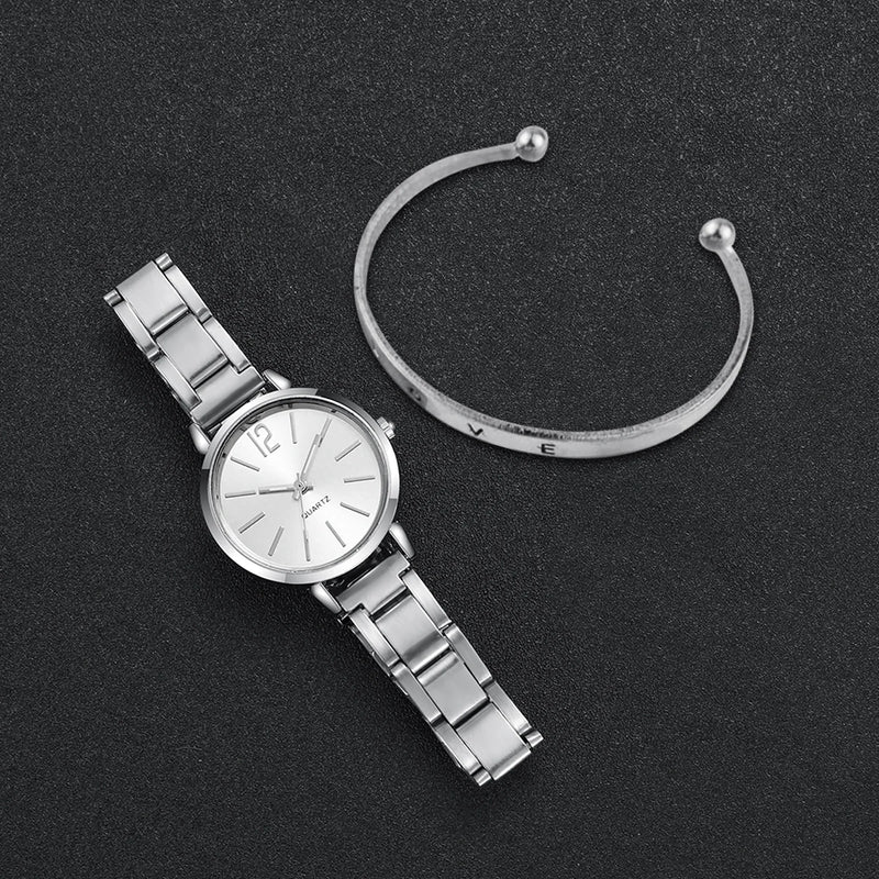 Conjunto Feminino com Relógio de Quartzo Dourado + Pulseira, Elegância Casual em Aço de Liga para o Dia a Dia