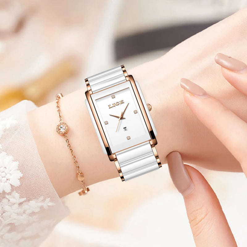 Relógio Feminino LIGE Quadrado de Quartzo em Cerâmica, 34mm, Funções de Data Automática e Resistência à Água 3ATM