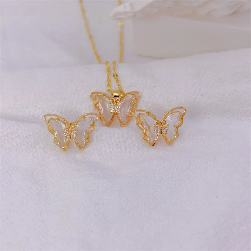 Conjunto Feminino de Colar e Brincos Borboleta, Luxo Europeu em Aço Inoxidável Micro-Incrustado