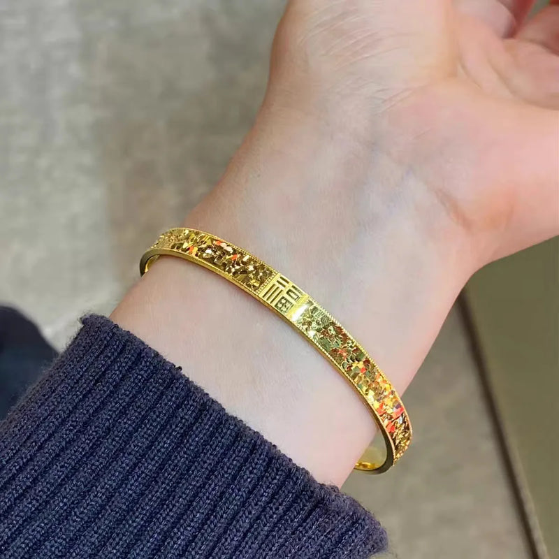 Pulseira Feminina em Ouro 24K AU999 com Detalhes Ice-Crack, Luxo Oriental e Artesanato Exclusivo