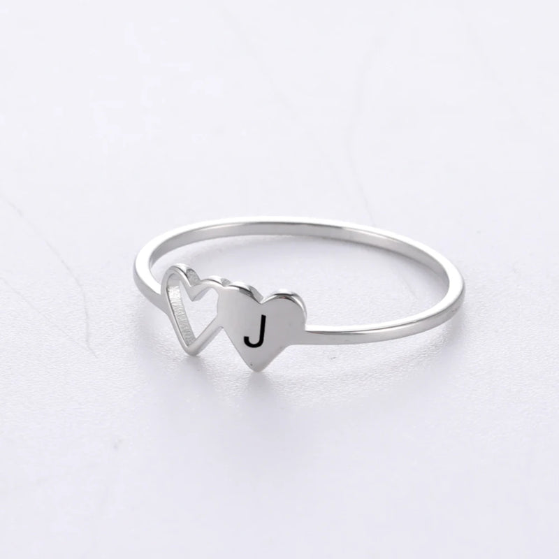 Anel Feminino de Coração Duplo com Letra Inicial em Aço Inoxidável Banhado a Ouro 18K, Moda Personalizada para Casamento e Presentes