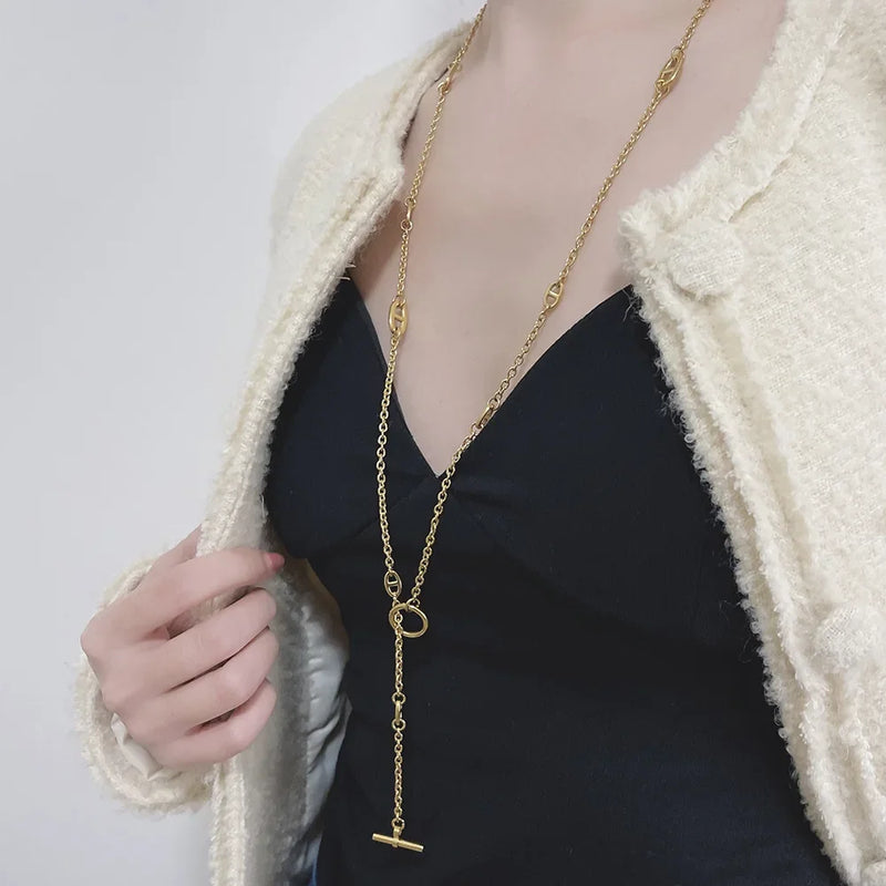 Colar Unissex em Aço Titânio com Corrente Longa Estilo Camisola, Sofisticação Versátil