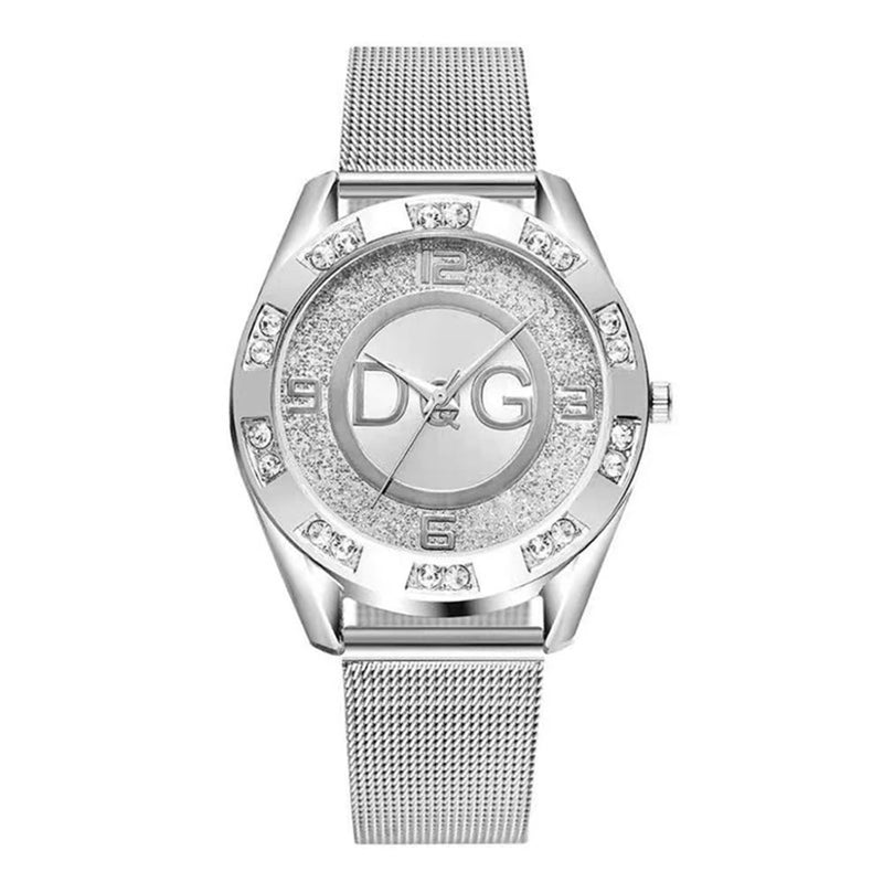 Relógio Feminino de Luxo 36mm, Pulseira Malha em Aço Inox Dourado, Mostrador Minimalista com Brilhos