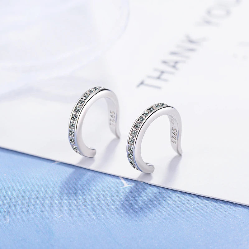 Brincos Earcuff em Prata 925 com Zircão, Modelo Sem Furo Estilo Punk Rock Moderno e Sofisticado