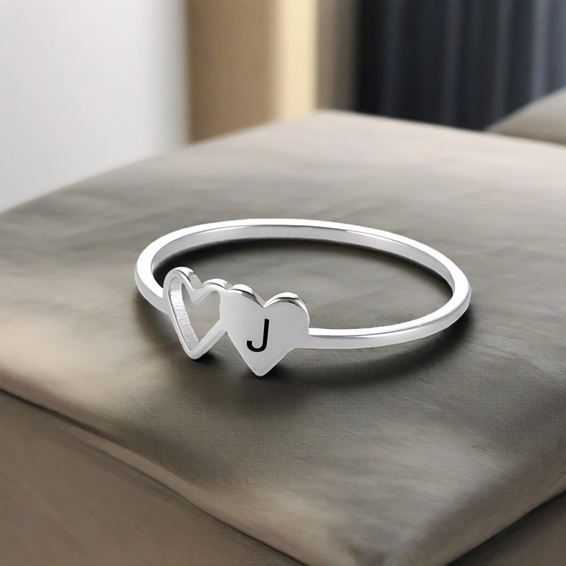 Anel Feminino de Coração Duplo com Letra Inicial em Aço Inoxidável Banhado a Ouro 18K, Moda Personalizada para Casamento e Presentes