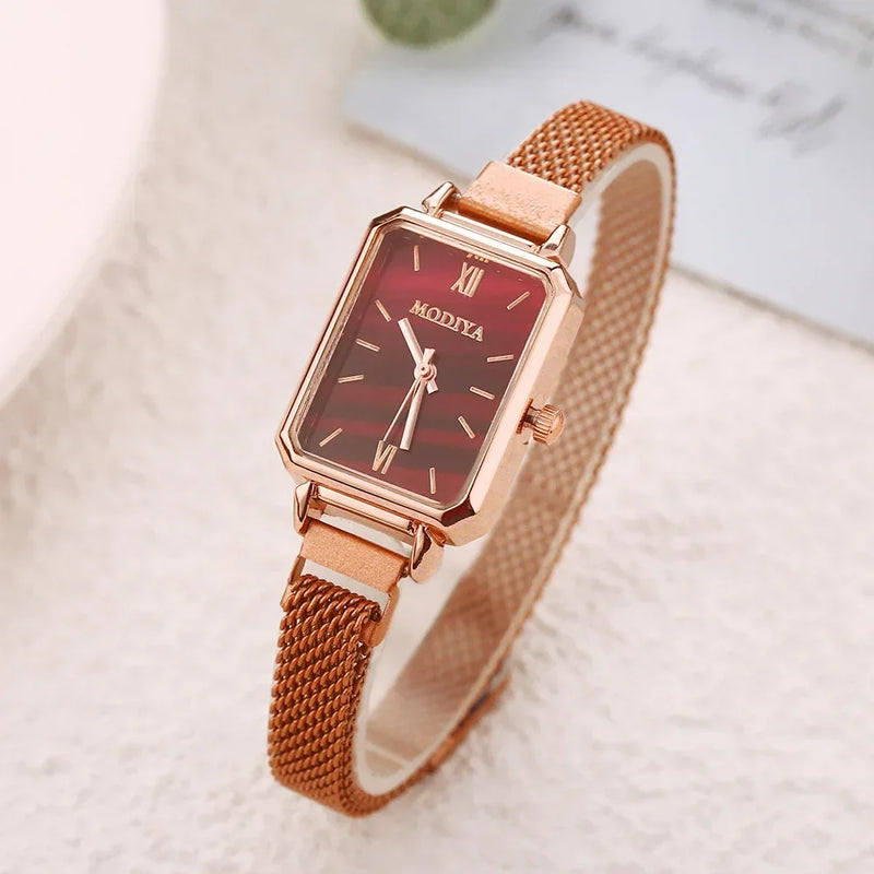 Relógio Feminino Retangular Luxo com Pulseira Magnética em Aço Inox, Mostrador Verde com Detalhes em Rosa Ouro