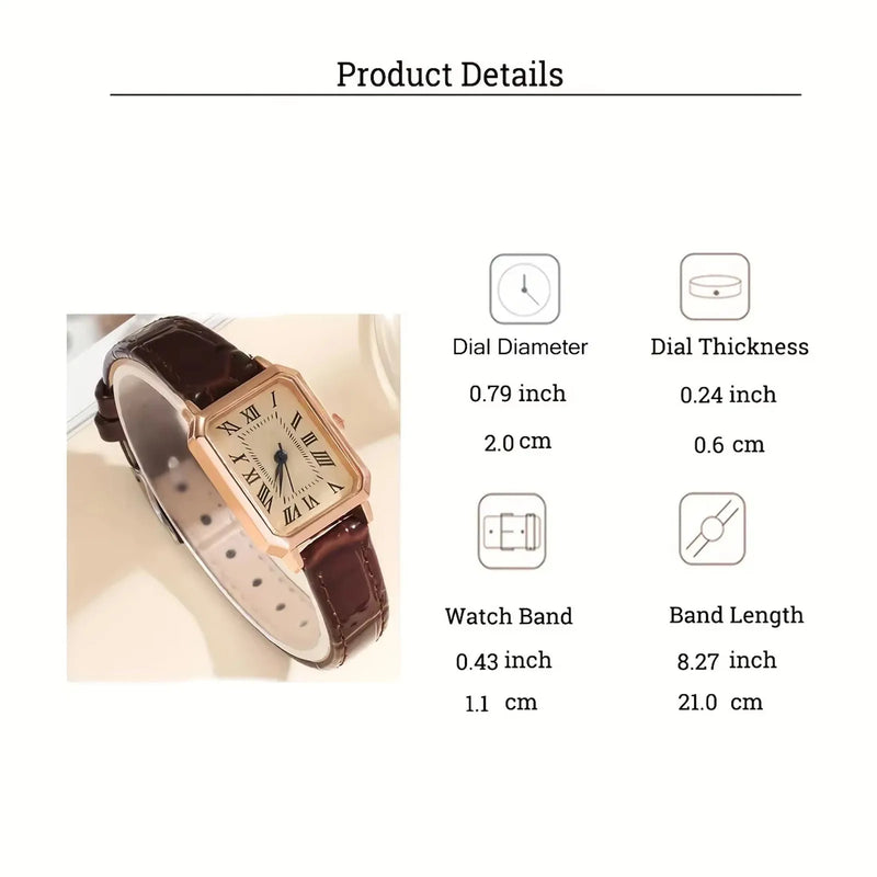 Relógio Feminino Retangular com Pulseira de Couro, Mostrador Romano e Visual Retrô para o Dia a Dia