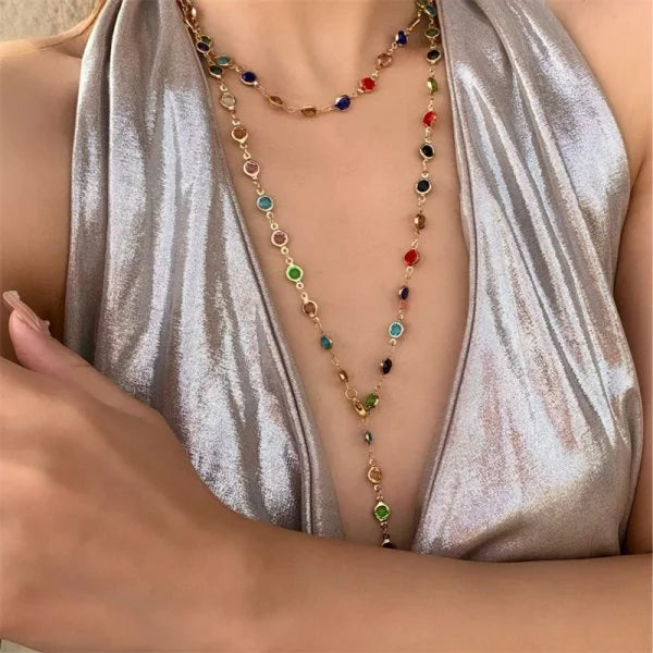 Colar Longo em Forma de Y com Cristais, Estilo Boêmio Sofisticado para Férias e Festas de Verão