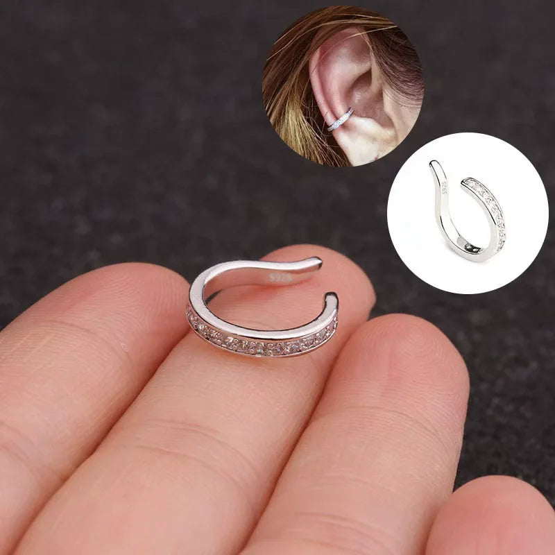 Brincos Earcuff em Prata 925 com Zircão, Modelo Sem Furo Estilo Punk Rock Moderno e Sofisticado