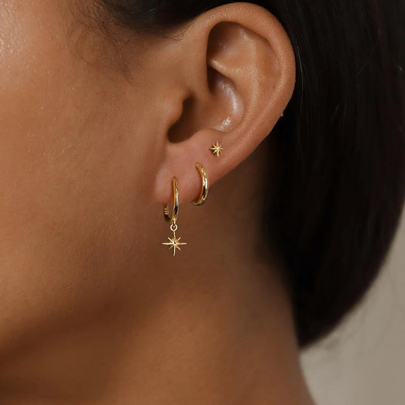 Conjunto com 3 Pares de Brincos Estrela em Aço Inoxidável Banhados a Ouro 18K, Estilo Punk e Moderno