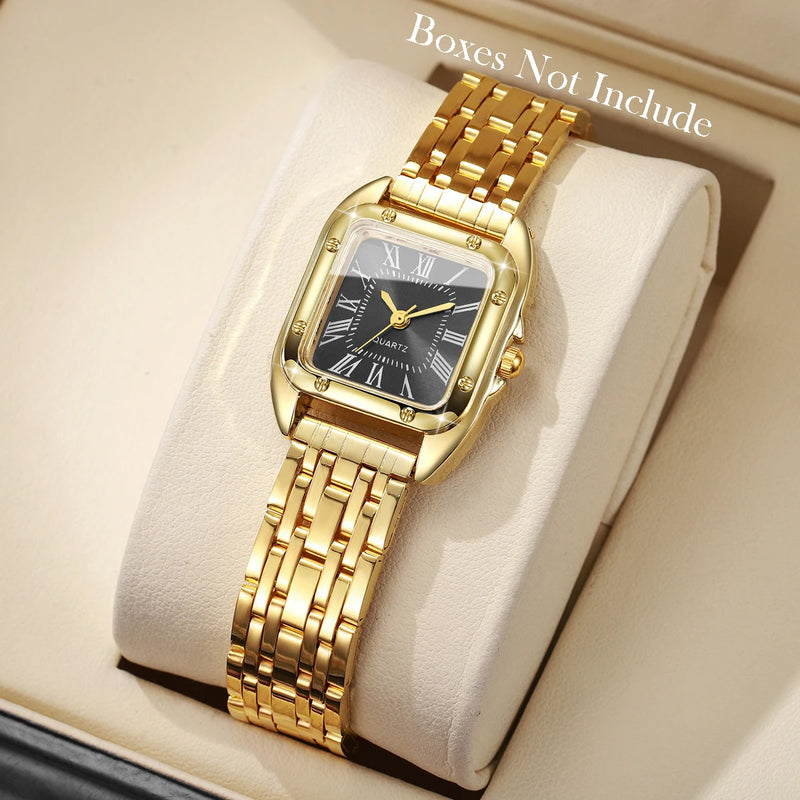 Relógio Feminino Quadrado de Quartzo 23mm, Mostrador Romano, Pulseira Metálica Dourada Casual e Fashion
