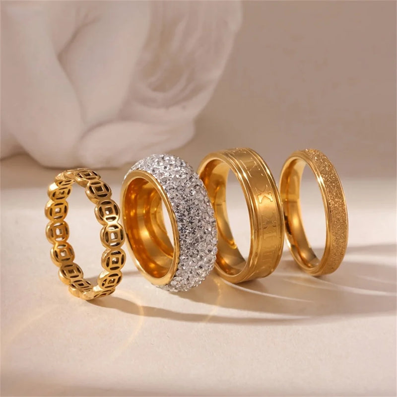 Conjunto Feminino com 3 Anéis em Aço Inoxidável Banhado a Ouro 18K, Clássicos com Zircônia para Estilo Moderno