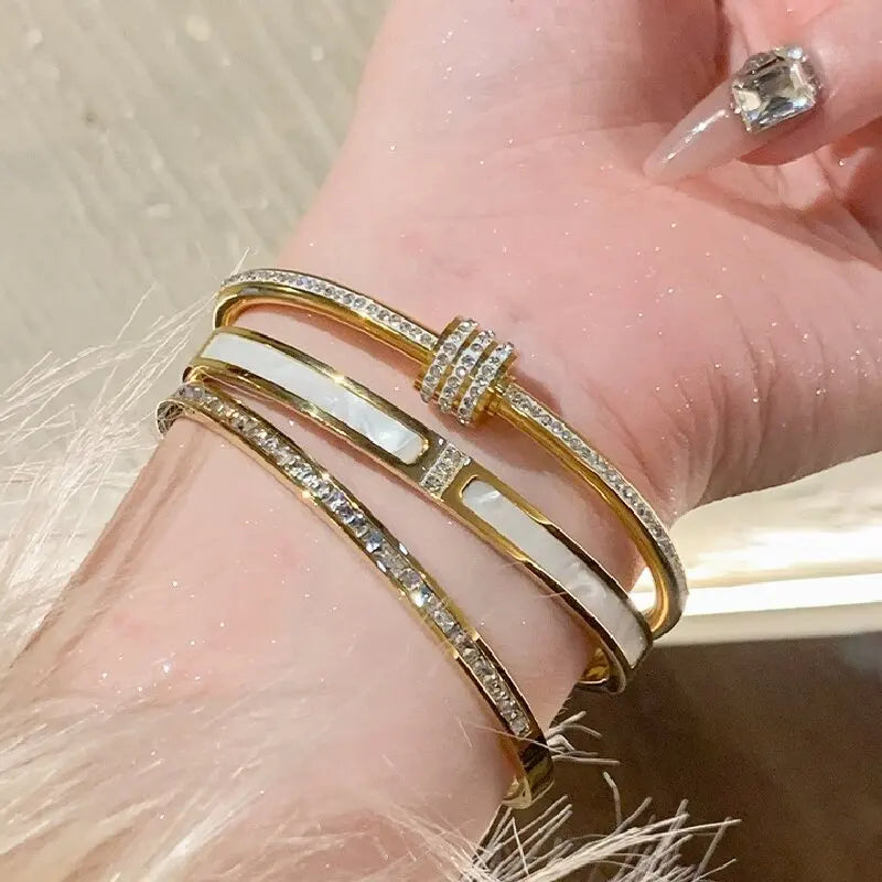 Pulseira Feminina em Aço Titânio com Detalhes de Zircônia, Estilo Clássico Moderno para Uso Diário