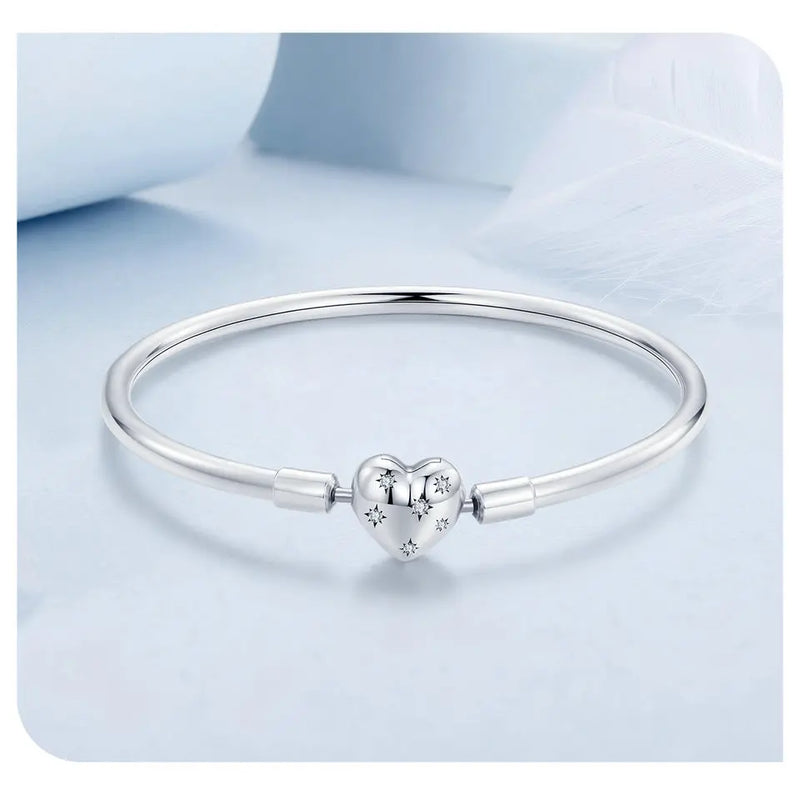 Pulseira Feminina em Prata 925 com Fecho em Coração e Charme Personalizável, Estilo Clássico e Elegante